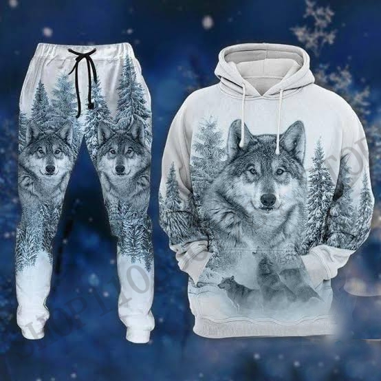3D Printing Custom - ชุดเสื้อฮู้ดและกางเกงลายหมาป่า 2 ชิ้น ชุดพิมพ์ลาย 3 มิติ