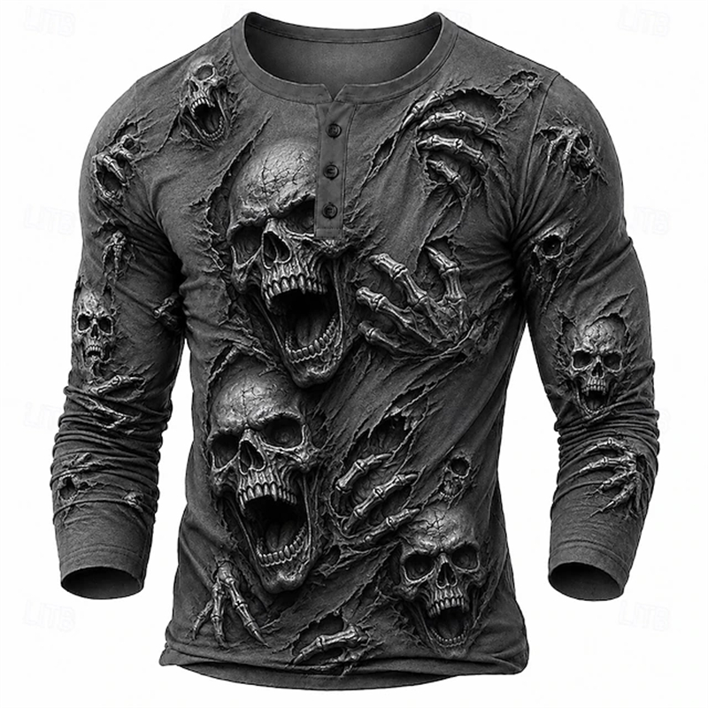 3D Printing Custom - เสื้อยืดแขนยาวผู้ชายสไตล์โกธิคสยองขวัญฮาโลวีน ลายพิมพ์หัวกะโหลก 3 มิติ—เสื้อลำลองตัดต่อสีสันฤดูใบไม้ร่วง